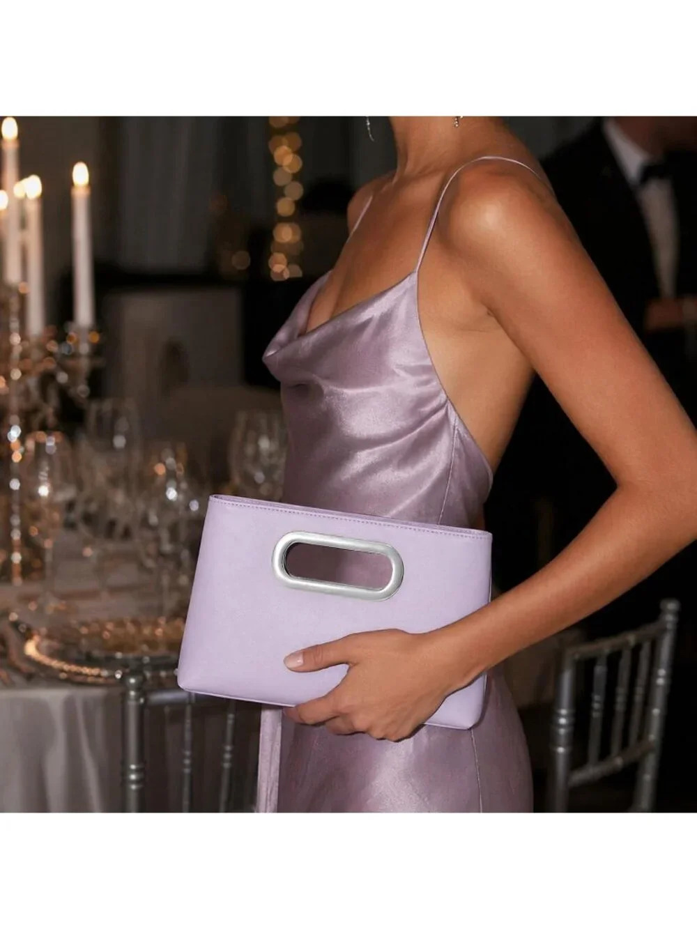 Women's Purple Clutch Handbag Modern Faux Leather with Metal Handle Evening Bag